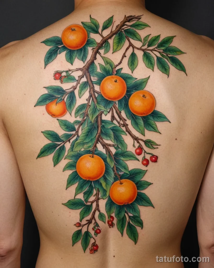 Expansive close up of a sprawling mandarin branch tattoo across the shoulder blade Multiple fruits at various stages of ripenes №24 - tatufoto.com
