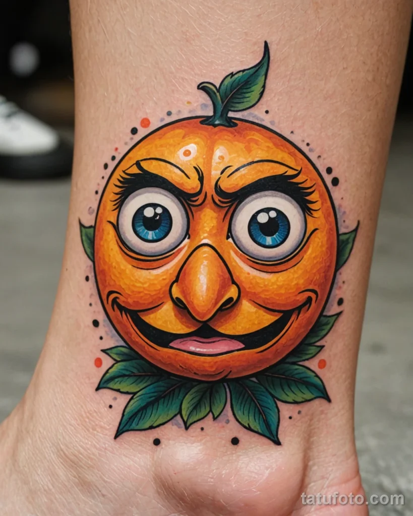 Expressive close up of a cartoonish mandarin with expressive eyes tattoo on the ankle Clearly conveying emotion (e g , happines №25 - tatufoto.com