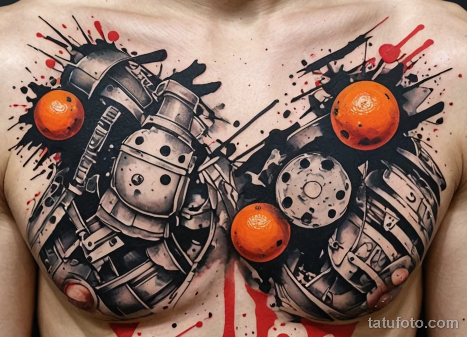High contrast close up of a trash polka style mandarin tattoo on the ribcage Dynamic splashes of red and black ink, fragmented №29 - tatufoto.com