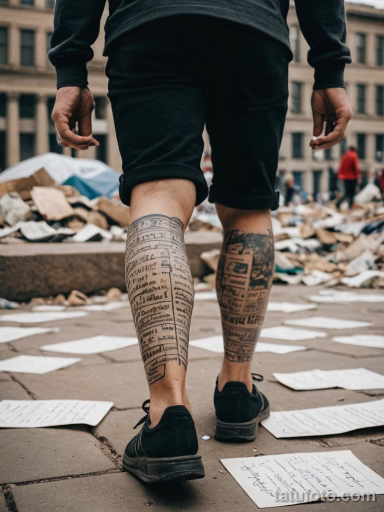Image of a person with amputated leg covered in handwritten protest manifestos as tattoo, walking through ruined monument square 2025 №44 - tatufoto.com