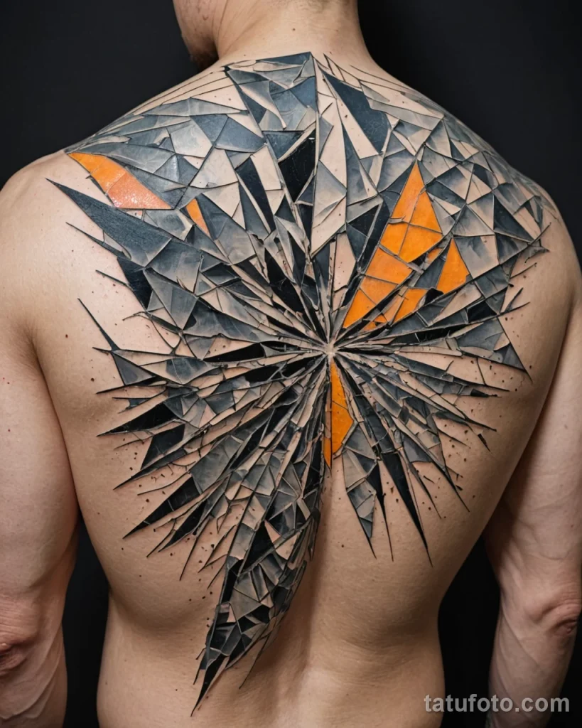 Impactful close up of a shattered mosaic style mandarin tattoo on the back Pieces breaking away, leaving small gaps, raw textur №30 - tatufoto.com