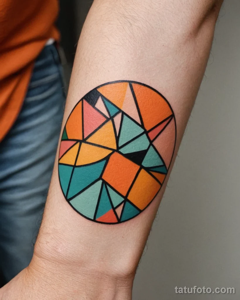 Modern close up of a stylized mandarin slice tattoo on the wrist The segments are individual abstract, colorful shapes, geometr №32 - tatufoto.com