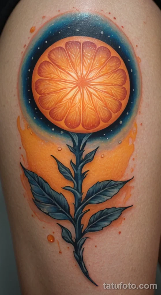 Mystical close up of a glowing, bioluminescent mandarin tattoo on the thigh Radiating a soft, otherworldly orange light from wi №33 - tatufoto.com