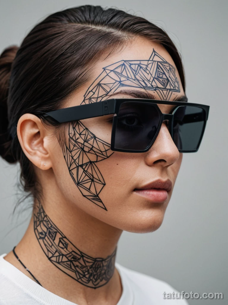 Person with abstract geometric facial tattoos that shift shape in augmented reality, shot from side angle with AR glasses on , p 2025 №52 - tatufoto.com
