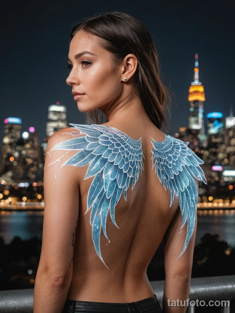 Photograph of a person with wings made of holographic projections extending from their shoulder tattoos, city skyline behind , p 2025 №53 - tatufoto.com