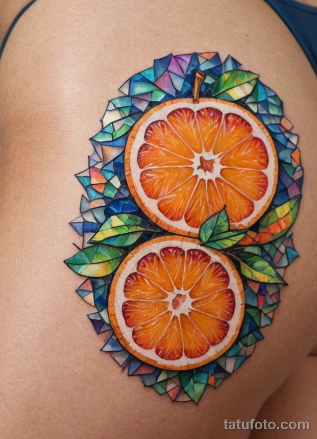 Photorealistic detail shot of a beautiful woman's thigh, smooth skin, natural light A mosaic style mandarin tattoo, composed of №36 - tatufoto.com