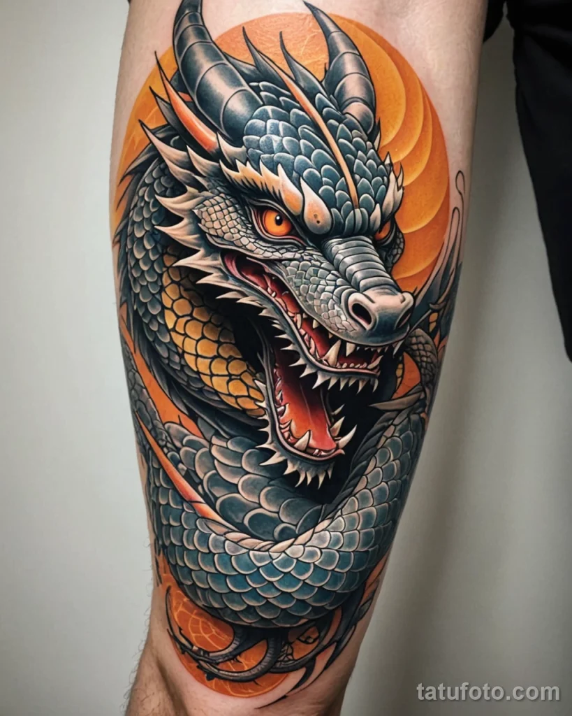 Powerful close up of a stylized dragon wrapping around a mandarin tattoo on the leg Intricate scales, bold lines, fierce expres №37 - tatufoto.com