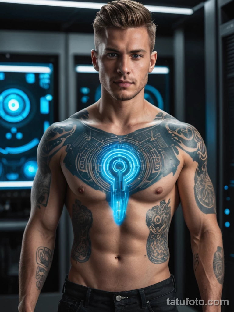 Realistic male model with a large keyhole tattoo glowing blue in the center of his chest, standing in front of a massive server 2025 №59 - tatufoto.com