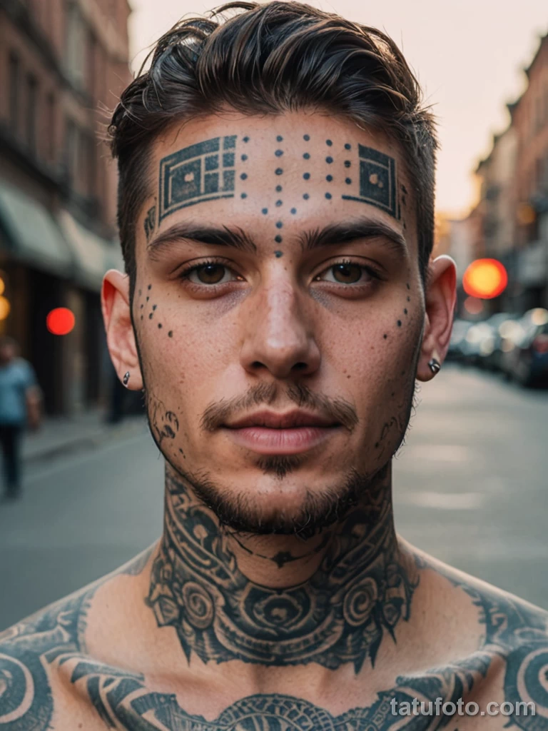 Realistic portrait of young man with full face tattoos mimicking facial recognition dot mapping, soft focus urban street, early 2025 №61 - tatufoto.com