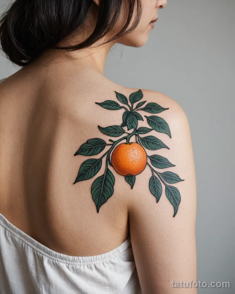 Refined close up of a delicate paper cut style mandarin tattoo on the shoulder blade Intricate silhouettes of the fruit and lea №39 - tatufoto.com