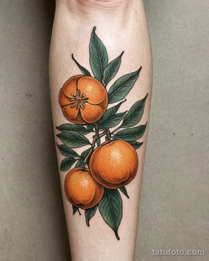 Rustic close up of a hand drawn style mandarin tattoo on the calf Resembling a sketch from an old botanical journal, slight imp №40 - tatufoto.com