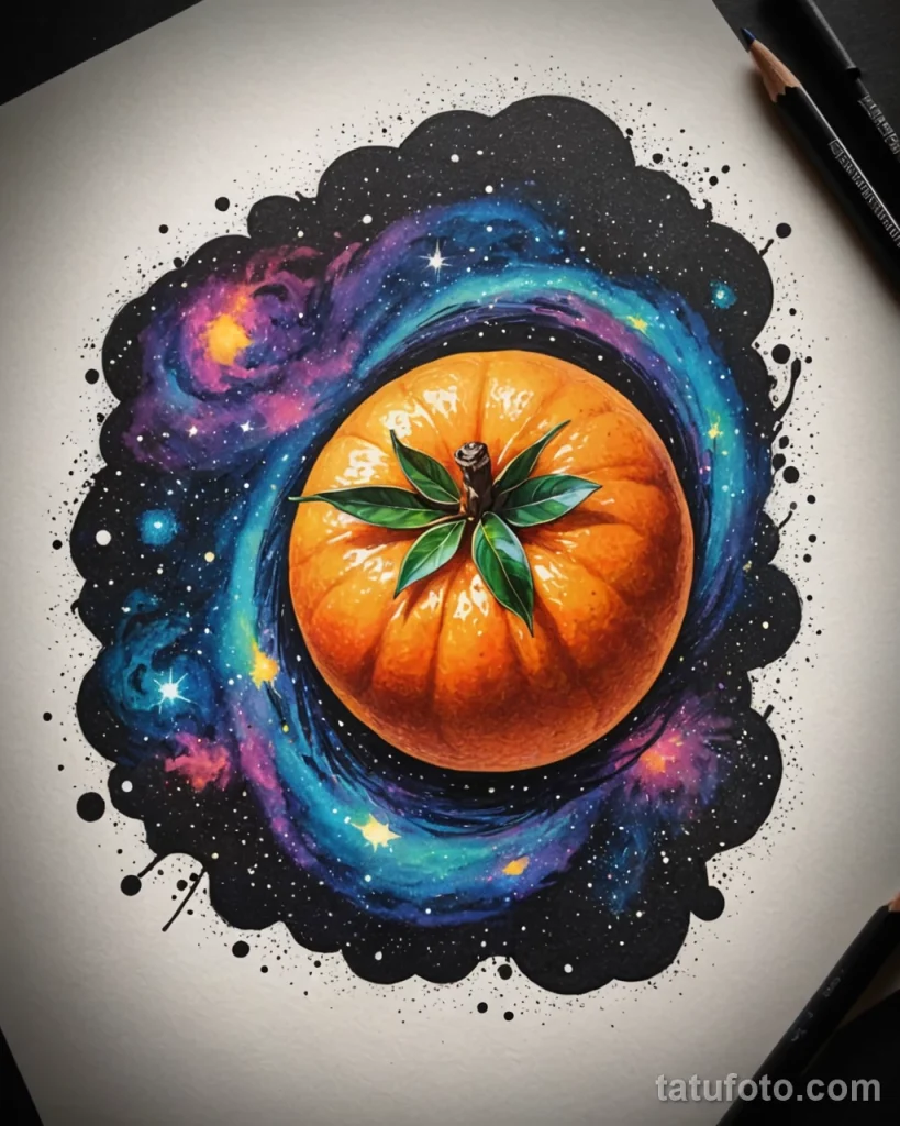 Sketch for a tattoo, a single mandarin fruit with its zest peeling away to reveal a vibrant galaxy or nebulae swirling within, d №42 - tatufoto.com