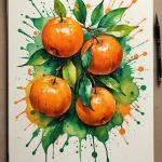 Эскиз татуировки акварелью: четыре апельсина с зелеными листьями, яркие брызги краски, реалистичная проработка.