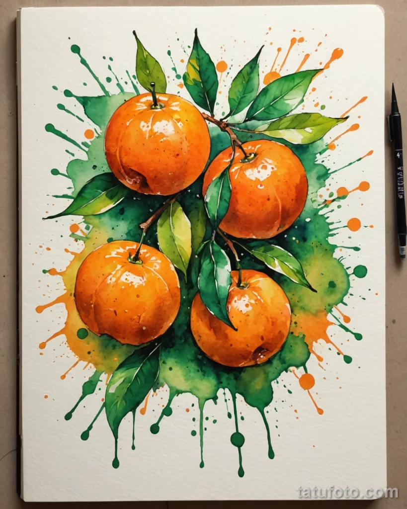 Sketchbook page, a watercolor mandarin splash art tattoo design, vibrant orange and green splatters forming the fruit, with dyna №46 - tatufoto.com