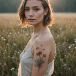 Фото тату с маленькими грибами и травинками на женском плече, выполненное в акварельной технике с использованием коричневых и серых оттенков.