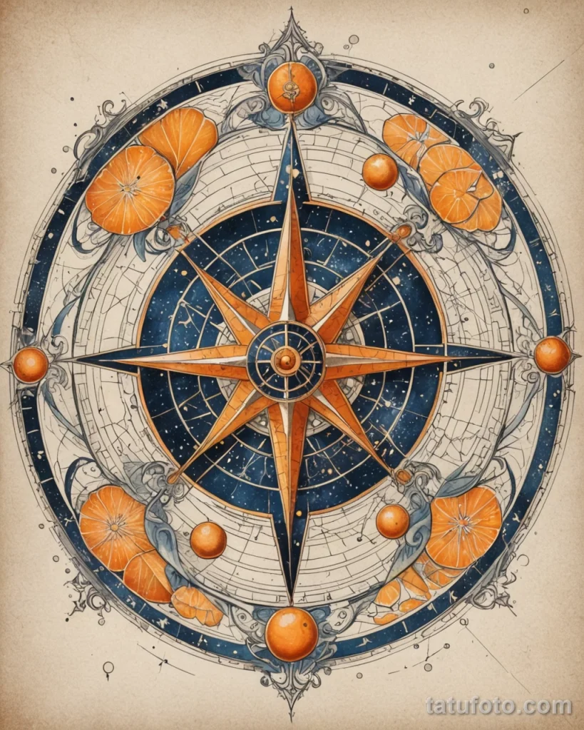 Tattoo concept art, a celestial navigation compass where the compass rose is a sliced mandarin, its segments guiding towards abs №53 - tatufoto.com