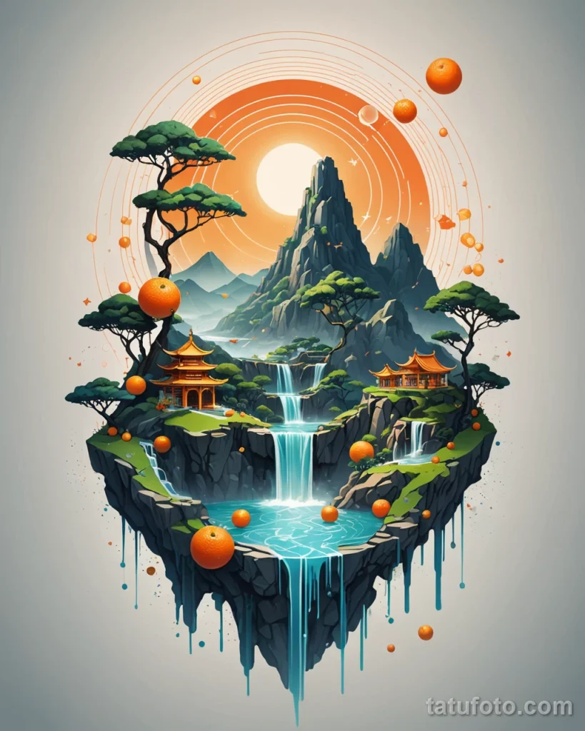 Tattoo concept art, a geometric abstract mandarin landscape, where the fruit's segments form floating islands with tiny trees an №55 - tatufoto.com