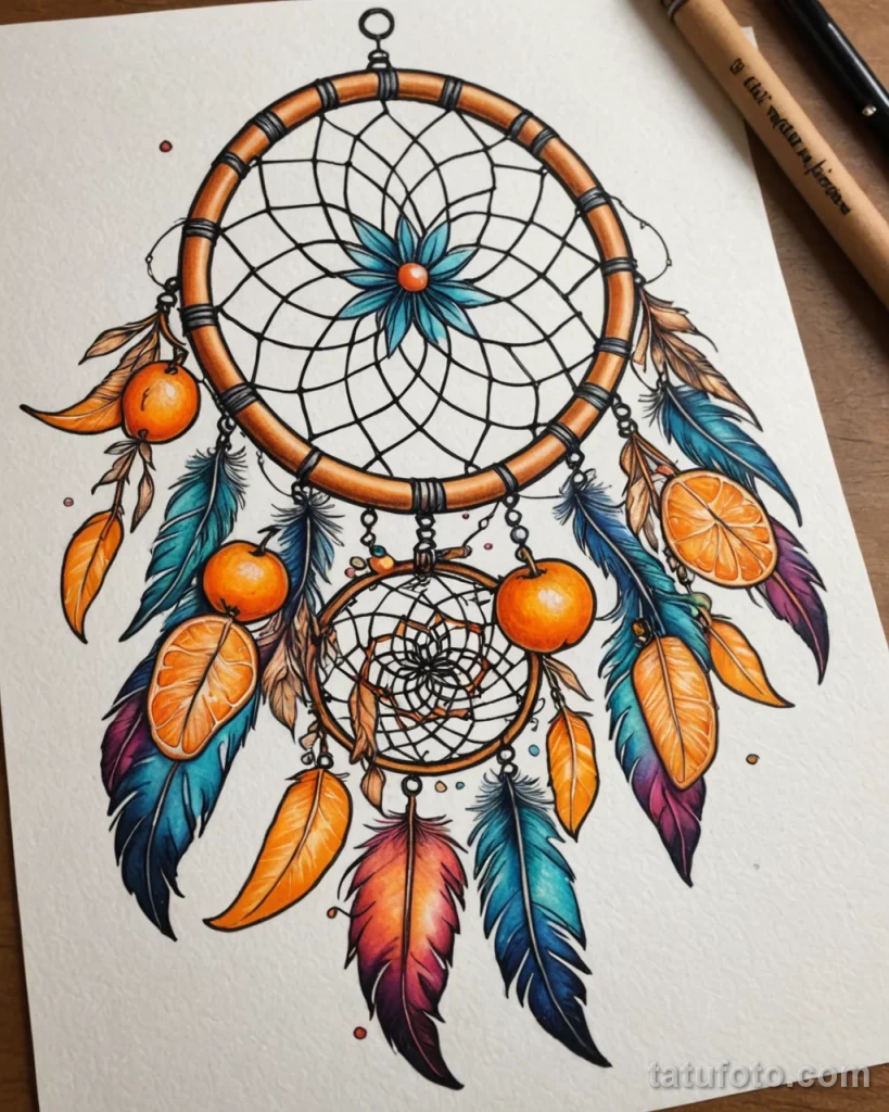Tattoo design draft, a dream catcher with mandarin slices instead of feathers, each slice glowing with dream like colors, whimsi №57 - tatufoto.com