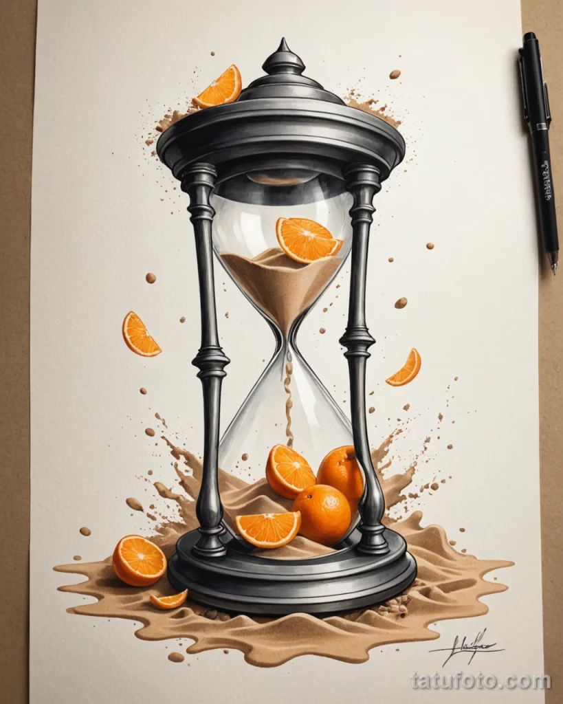 Tattoo design draft, a futuristic hourglass with mandarin segments slowly falling instead of sand, unique, conceptual №58 - tatufoto.com