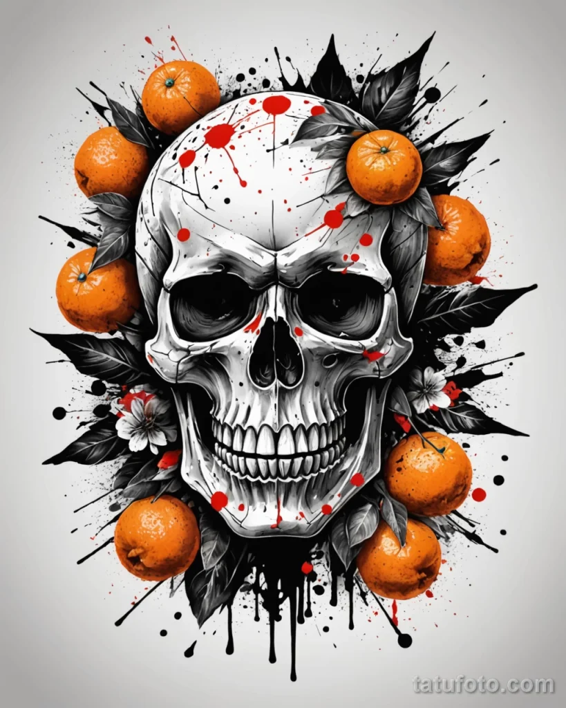 Tattoo design draft, a trash polka style mandarin skull, the skull partially formed by fragmented mandarin segments and zest, wi №64 - tatufoto.com