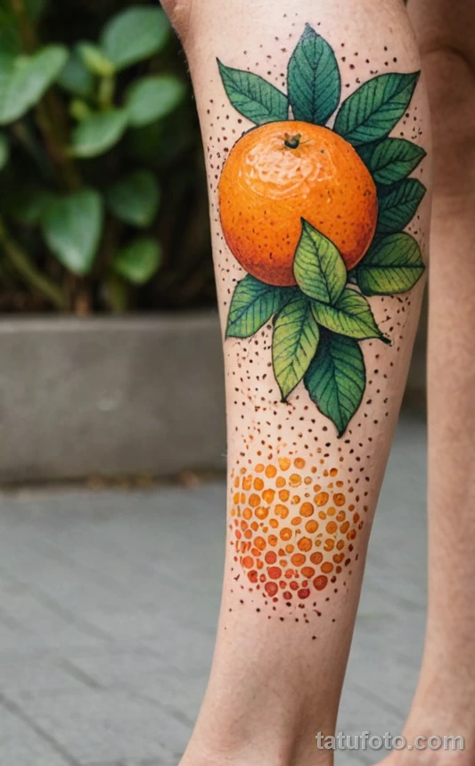 Tight shot of a colorful dotwork mandarin tattoo on the side of the calf The fruit and leaves are composed of hundreds of tiny, №66 - tatufoto.com