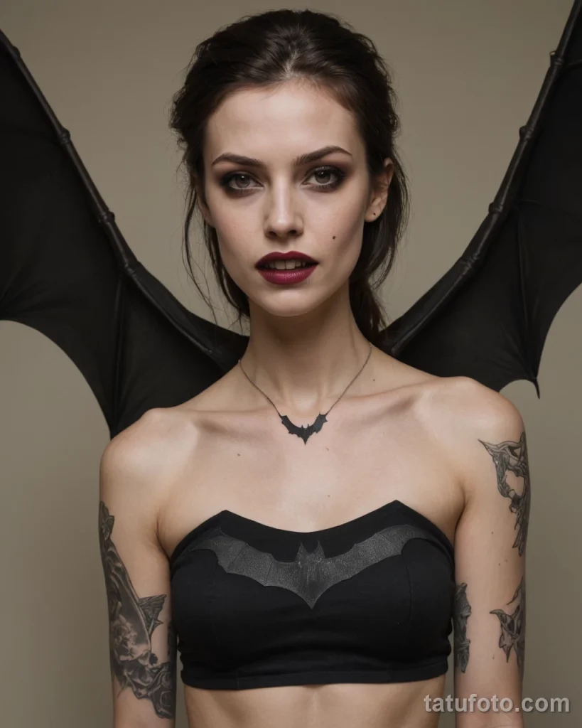 Urban Vampire Modern clothes, subtle fangs Tattoo a photorealistic bat in flight on her collarbone №71 - tatufoto.com