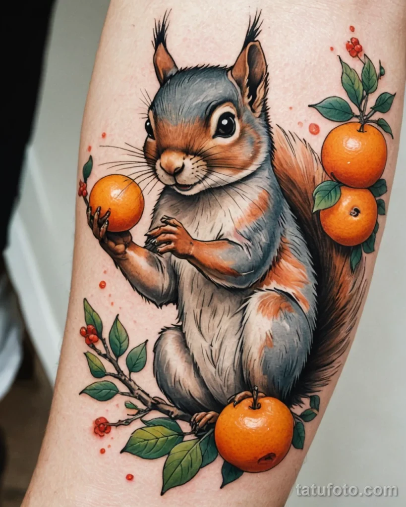 Whimsical close up of a playful squirrel or bird interacting with a mandarin tattoo on the arm Lively, charming, natural feel №71 - tatufoto.com