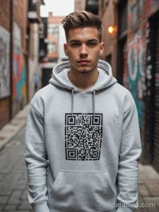 Фотография молодого человека в толстовке с татуировкой в виде QR-кода на груди. Современный и необычный дизайн, привлекающий внимание.