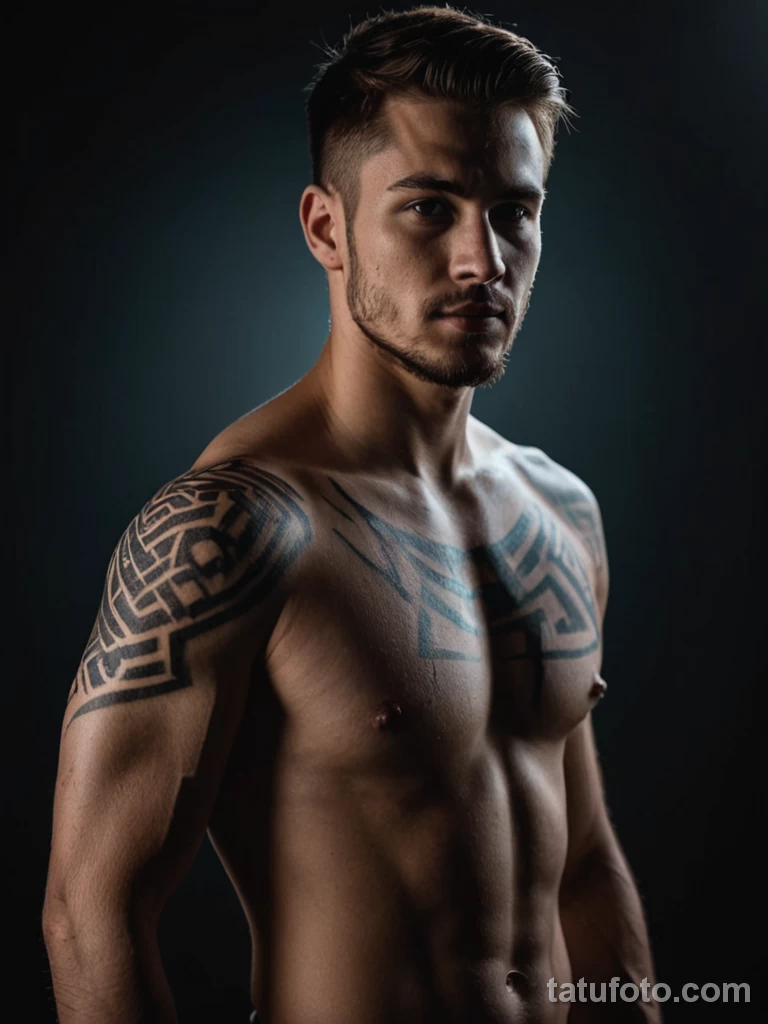 Young man with transparent skin effect and glowing tattoos of ancient runes and blockchain hashes, posing in complete darkness, 2025 №75 - tatufoto.com