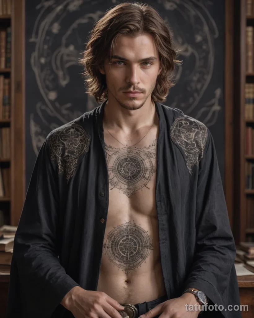 attractive messy brown hair, kind hazel eyes, scholarly features, medium shot, arcane mage cosplay, flowing robes, (highly detai №03 - tatufoto.com
