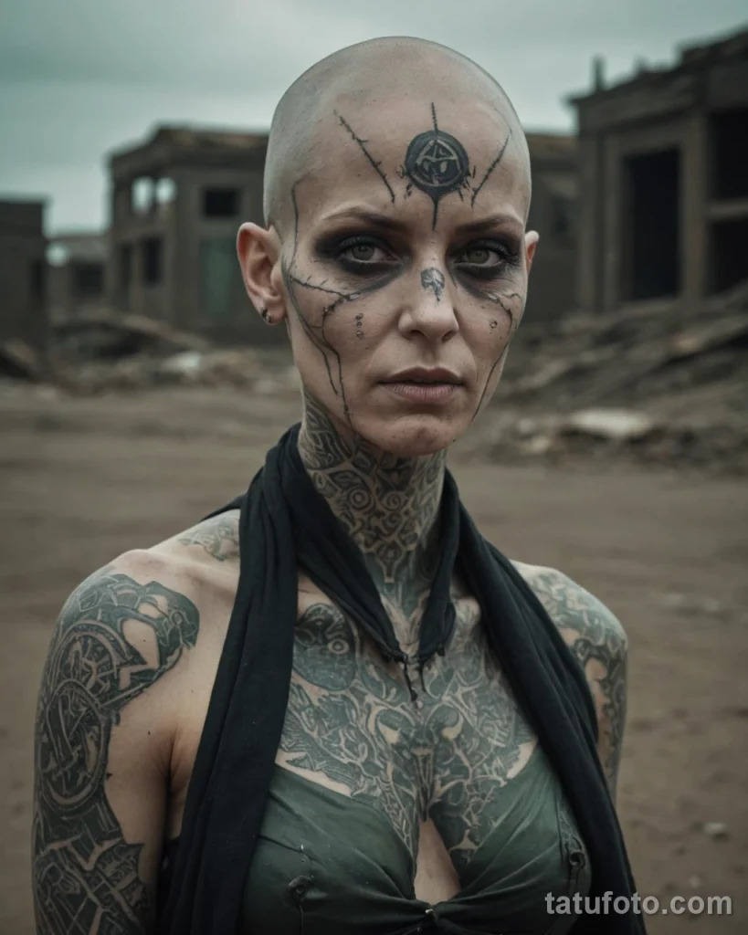 beautiful bald head with ritualistic scars, dark, sunken eyes, wasteland cultist features, fervent gaze, medium shot, apocalypti №07 - tatufoto.com