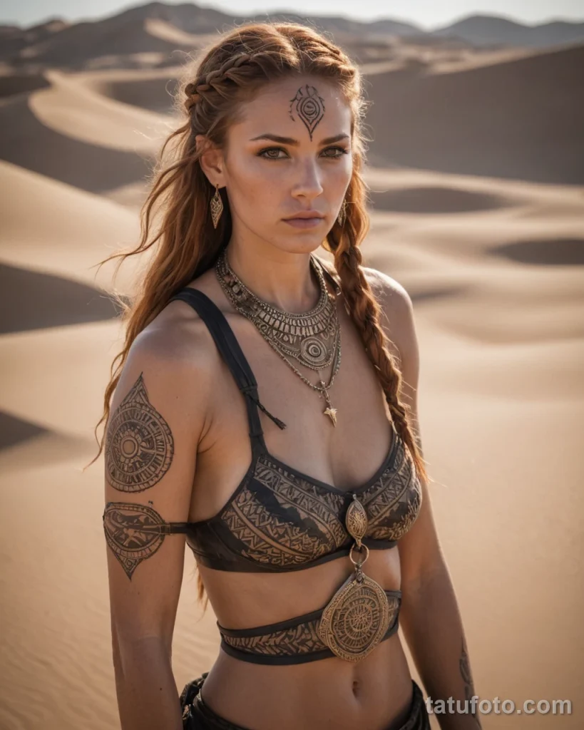 beautiful braided copper hair, warm hazel eyes, rugged warrior features, resolute expression, medium shot, desert nomad warrior _1 №09 - tatufoto.com
