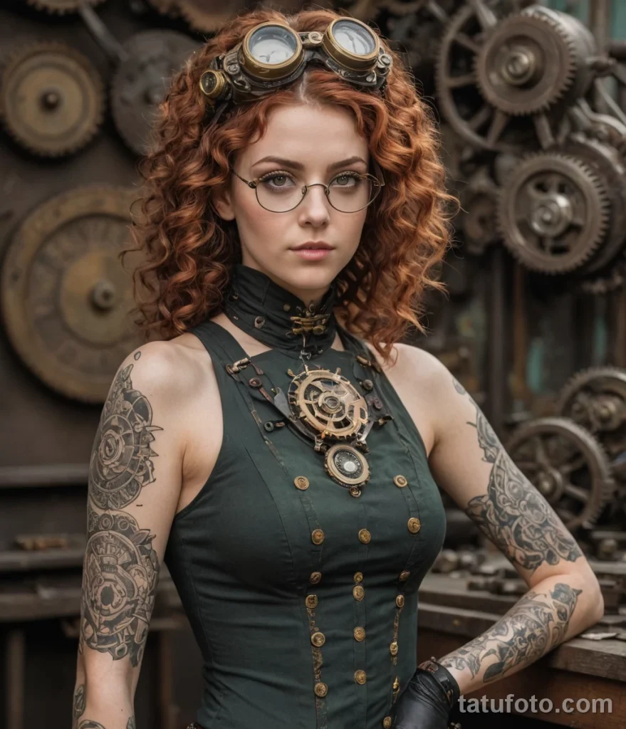 beautiful curly auburn hair, thoughtful green eyes, academic features, gentle focus, medium shot, steampunk inventor cosplay, go №13 - tatufoto.com
