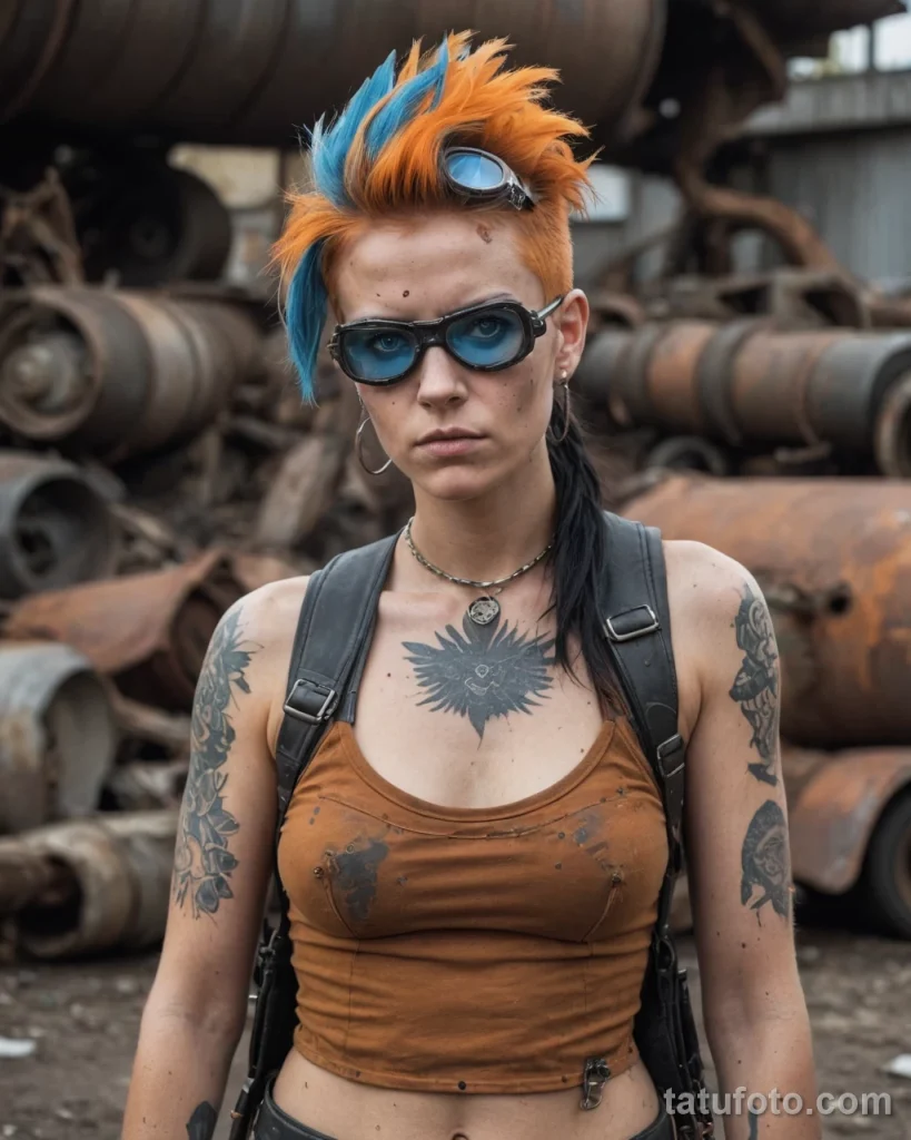 beautiful fiery orange mohawk, piercing blue eyes, rebellious scavenger features, determined look, medium shot, wasteland mechan №16 - tatufoto.com