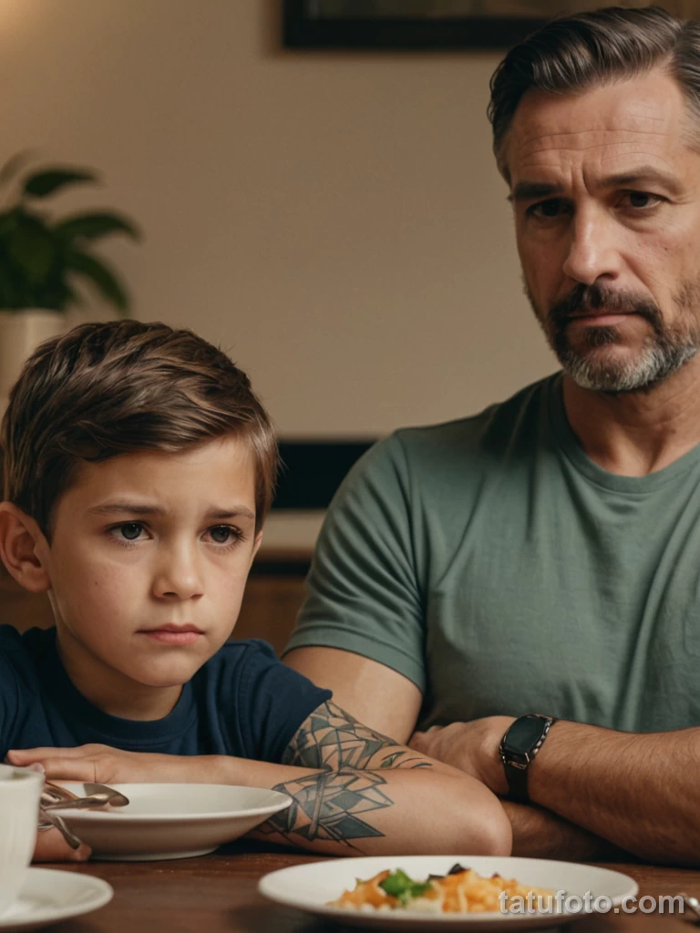 cinematic close up, a father with crossed arms, listening with a skeptical expression His son, with a fresh haircut, is earnest №02 - tatufoto.com