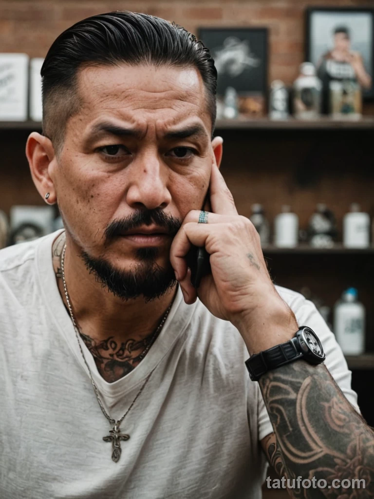 cinematic photo, a parent calling the tattoo studio to complain and threaten them №03 - tatufoto.com