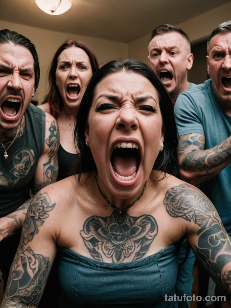 cinematic photo, a screaming match captured with a wide angle lens, showing the distorted faces of the family members, the tatto №05 - tatufoto.com