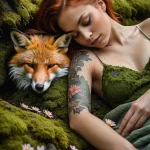 Фотография девушки, лежащей в лесу с лисой и татуировками в виде цветов на руке. Естественное освещение и гармония с природой.
