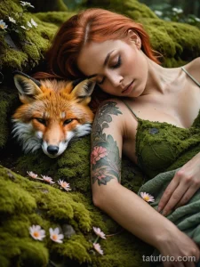 Фотография девушки, лежащей в лесу с лисой и татуировками в виде цветов на руке. Естественное освещение и гармония с природой.