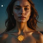 Фотография девушки с татуировкой в виде солнца на груди. Теплое освещение и загадочный взгляд.