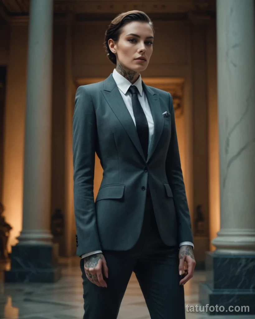 cinematic photo of a beautiful woman with androgynous features, wearing a tailored suit, she has a tattoo of a magnificent, but №11 - tatufoto.com
