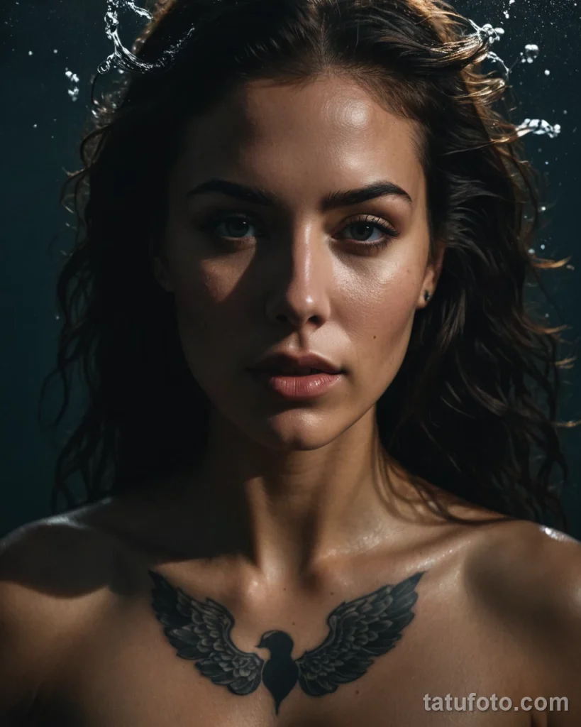 cinematic photo of a beautiful woman with her face half covered by a shadow, she has a tattoo of a beautiful keyhole, but it's f №12 - tatufoto.com