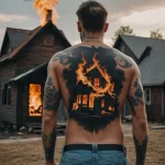 Фото татуировки с изображением горящего дома на спине мужчины, выполненной в реалистичном стиле с использованием ярких цветов и контрастных оттенков.