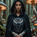 Фотография девушки в капюшоне с татуировками на руках и совой на груди. Атмосфера таинственного леса.