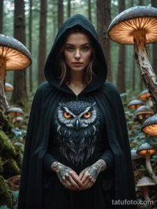 Фотография девушки в капюшоне с татуировками на руках и совой на груди. Атмосфера таинственного леса.