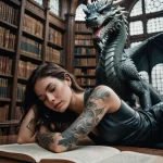 Фотография девушки с татуировками, лежащей с открытой книгой рядом с огромным драконом в старинной библиотеке.