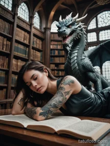 Фотография девушки с татуировками, лежащей с открытой книгой рядом с огромным драконом в старинной библиотеке.