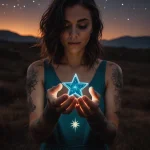 Фотография девушки с татуировками на руках, держащей в ладонях светящуюся звезду. Ночное небо и звездное сияние.