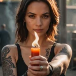 Фотография девушки с татуировками на руках, держащей горящую свечу. Атмосферное освещение и выразительный взгляд.
