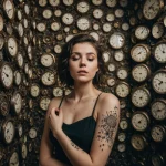 Фотография девушки с татуировкой цветка и часов на руке, стоящей на фоне стены, увешанной старинными часами.